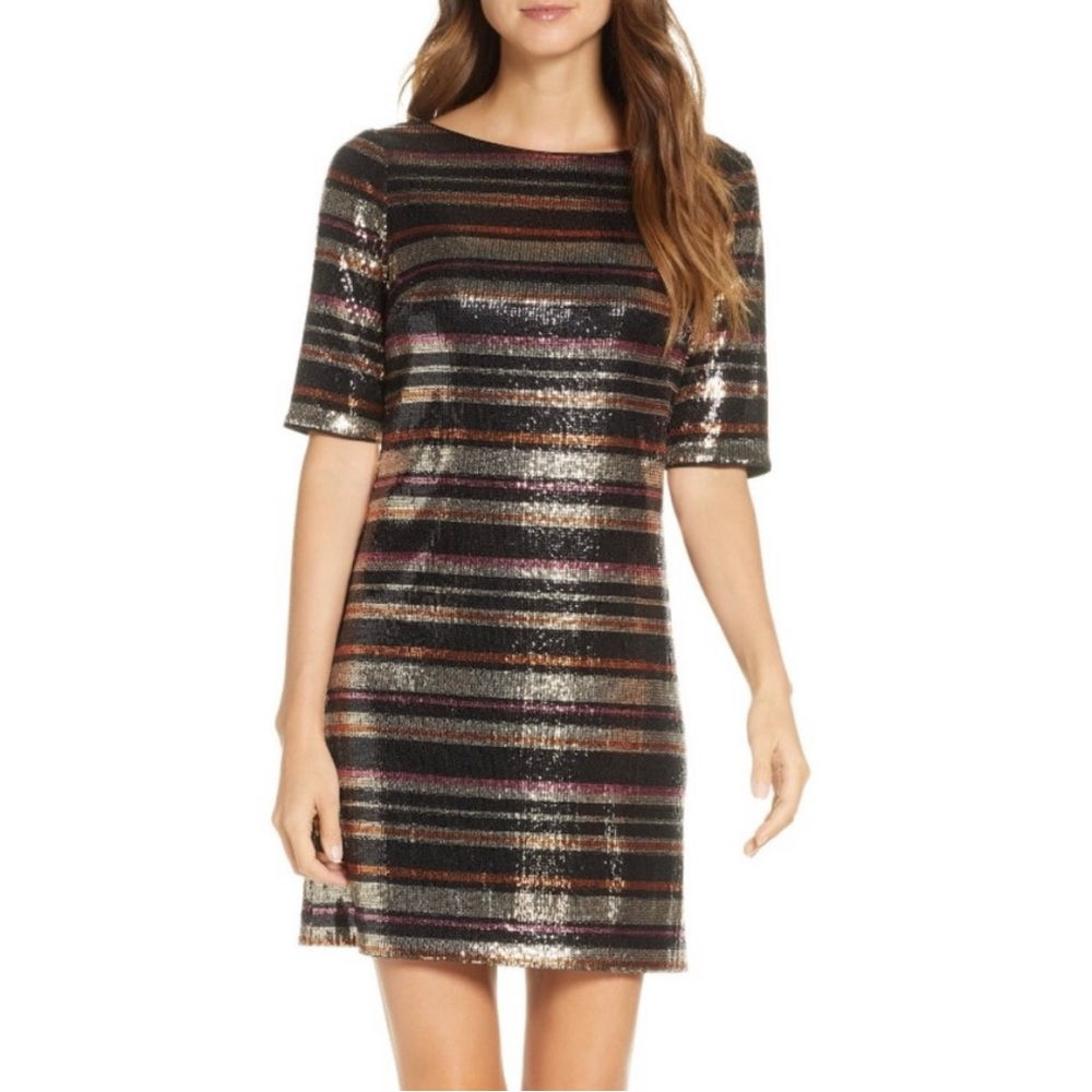 1901 Sequin Multi Stripe Shift Lined Cocktail Party Dress XS